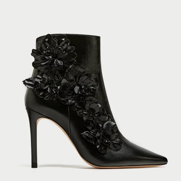 Zara Leather High Heel Ankle Boots with Flowers - Picture 7 of 8